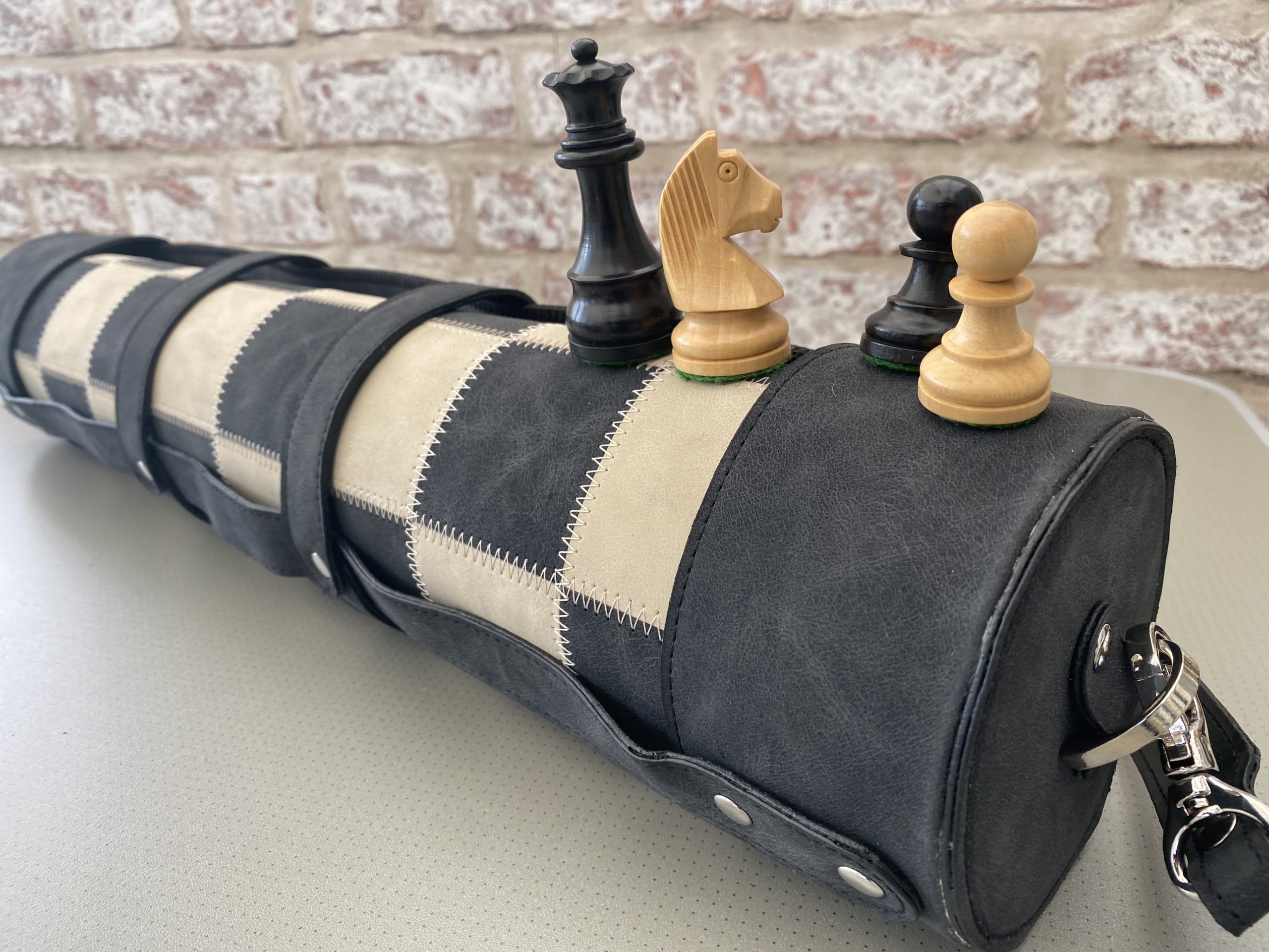 Rollup Thick Black Leather Chess Case, Mat and Weighted Chess Pieces